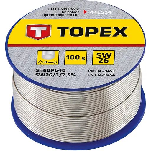 Припій олов'яний Topex Sn60Pb40 флюс SW26 дріт 1 мм 100 г (44E514)