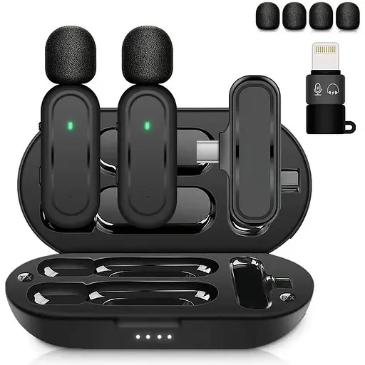 Бездротові мікрофони Lavalier для iPhone, iPad, Android, із зарядним футляром та адаптером 2 шт