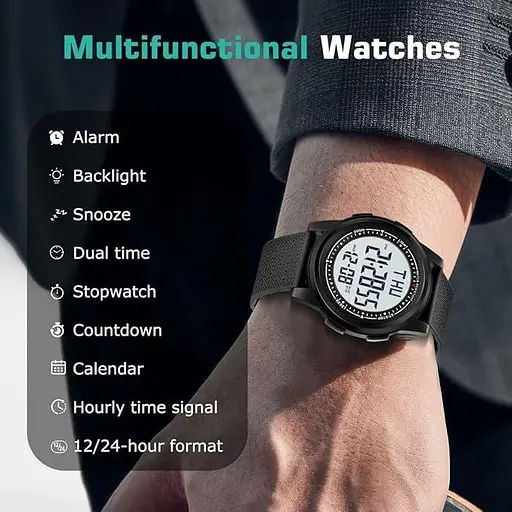 Aswan watch Цифровые часы для мужчин с будильником, светом, датой, секундомером, двойным временем - фото 5