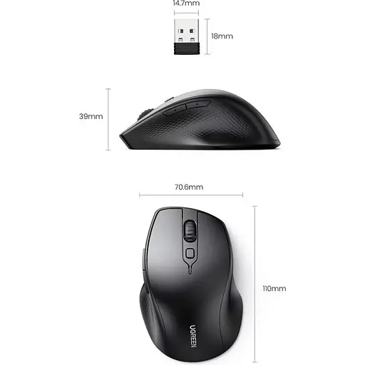 Мишка UGREEN 2.4GHz+Bluetooth MU101, бездротова, 4000dpi., 5кн., чорна - фото 7