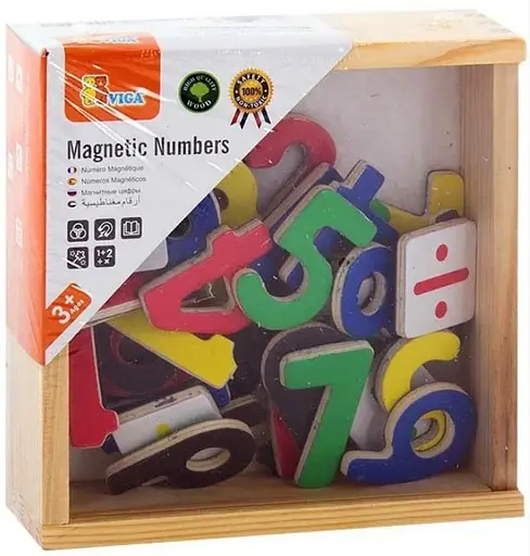 Набір магнітних цифр та знаків Viga Toys 50325 різнокольорові дерев'яні елементи на магнітах 37 шт - фото 4