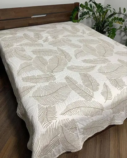 Муслиновое двустороннее покрывало 210x250 см с ботаническим принтом, плед на двуспальную кровать, уютный домашний Бежево-молочный - фото 6