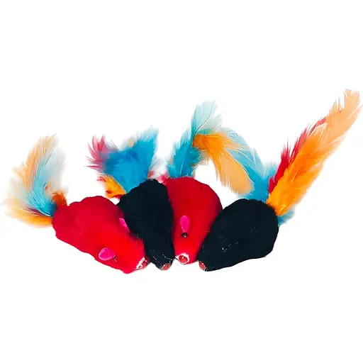 Миша пухнаста двокольорова з різнокольоровим пером Fox іграшки для котів у пакеті 5 см в асортименті - фото 1