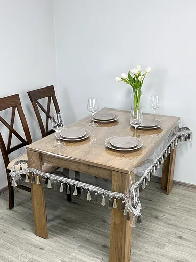 Скатертина силіконова з сіро-молочною бахромою 340х150 см - фото 8