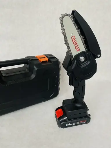 Акумуляторна ланцюгова міні пила 4 дюйма 24Vf для обрізки дерев і розпилювання дров у пластиковому кейсі Чорна - фото 2