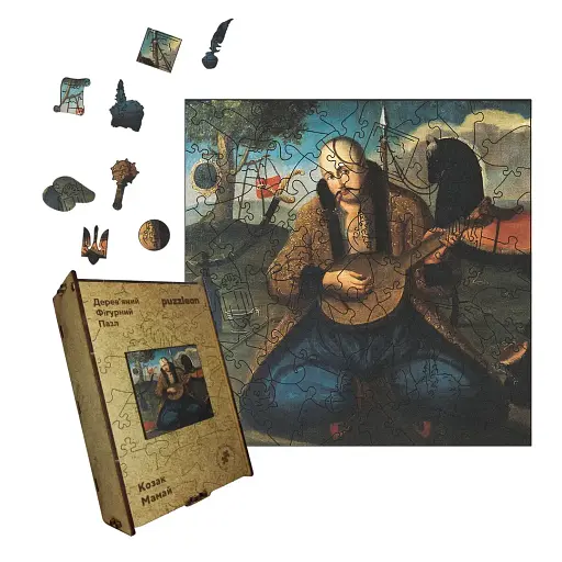 Дерев'яний фігурний пазл Козак Мамай, А1, Дерев'яна коробка 500+ елементів