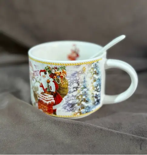 Чашка новорічна R36240 Home Time for gifts керамічна з ложкою в подарунковій коробці 280 мл Біла - фото 2