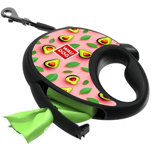 Повідець-рулетка для собак Waudog R-leash з контейнером для пакетів, малюнок "Авокадо на рожевому", світловідбивна стрічка, M - фото 5