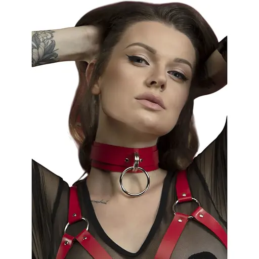 Чокер широкий с кольцом для поводка Feral Feelings - Collar красный, натуральная кожа