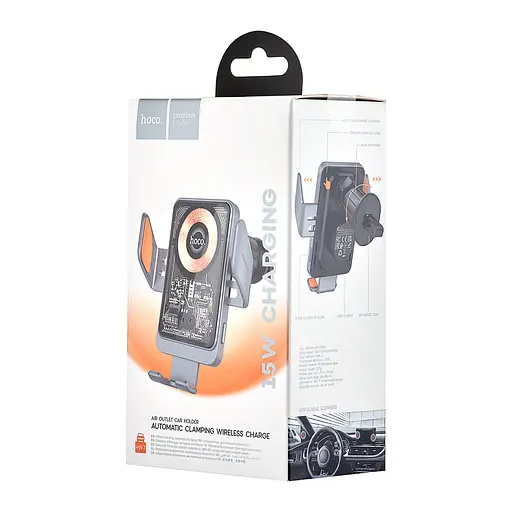 Холдер Hoco HW7 Transparent Discovery Edition wireless fast charg car holder air outle Темно-серый - фото 2