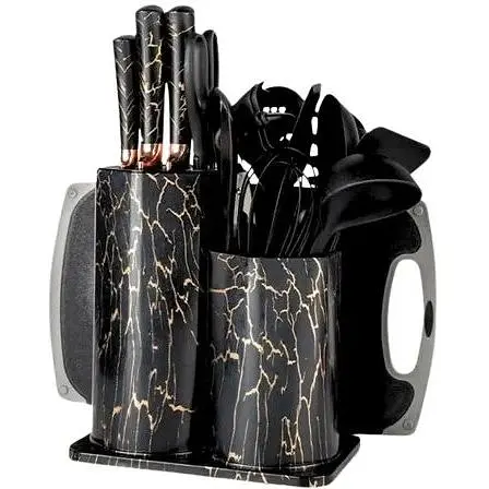 Набір кухонного приладдя 25 предметів з подвійною підставкою, обробною дошкою, набором ножів та прихватками Чорний мрамор - фото 1