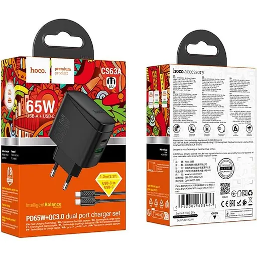 Адаптер зарядное устройство с боковыми выходами Hoco CS63A Bright 65 W (2 порта 1 A1C) + кабель C-C - фото 9