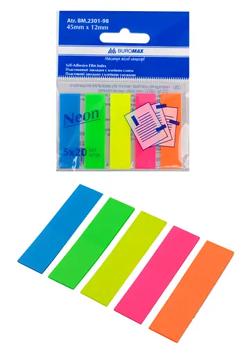 Закладки пластикові з клейким шаром Neon Jobmax, 45x12 мм, 5x20 аркушів (В асортименті)