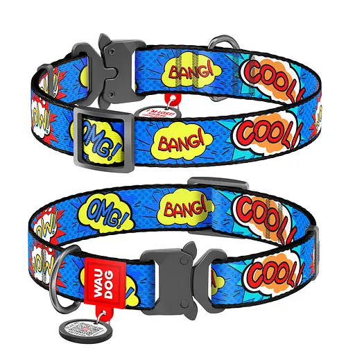 Ошейник для собак нейлоновый Waudog Nylon с QR-паспортом "ВАУ" металлическая пряжка-фастекс Ш 25 мм Д 37-58 см