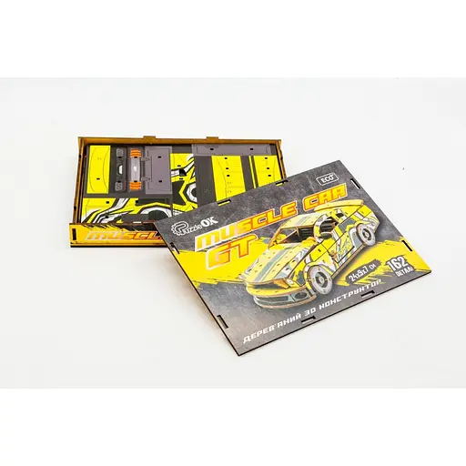 Деревянный 3D конструктор Muscle car GT PuzzleOk Puz-00638 162 детали желтый - фото 4