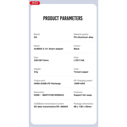 Разветвитель конвертер хаб XO Hub002 Usb-C Multifunction Adapter 5 in 1 HDMI + Usb x 3 + PD - фото 5
