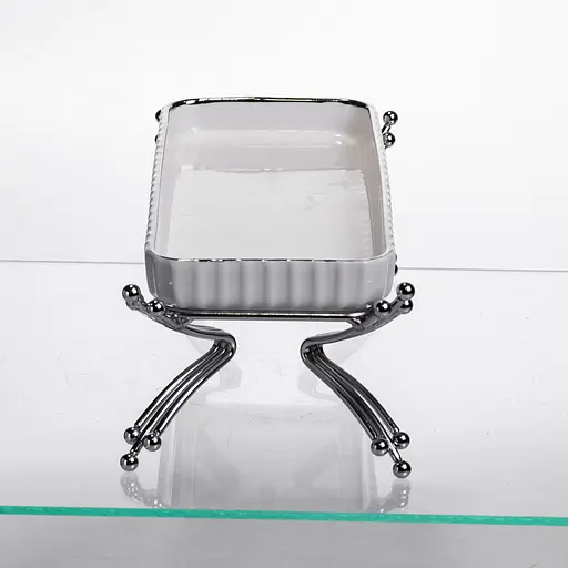 Фарфоровое сервировочное блюдо на металлической подставке 37×18×5 (см) блюдо для подачи закусок Белый с серебром Yiwu LB-1566S - фото 4