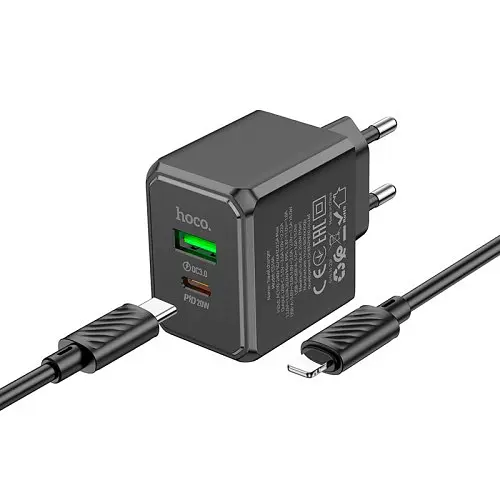 Сетевое зарядное устройство Hoco CS14A Ocean PD20W+QC3.0 charger set(C to iP) черный - фото 5