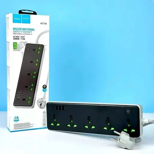 Подовжувач мережі Hoco AC13A на 5 розеток 3USB/1Type-C 10A 250V 1.5 м 2500W чорний - фото 4