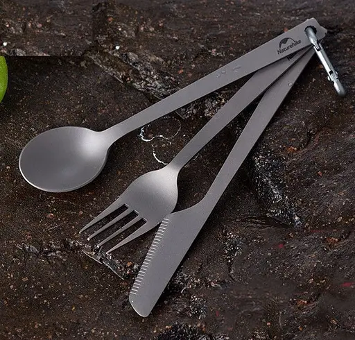 Набір туристичних столових приладів (ложка, вилка, ніж) Naturehike NH19T011-D з титану з мішечком (Сірий) - фото 2