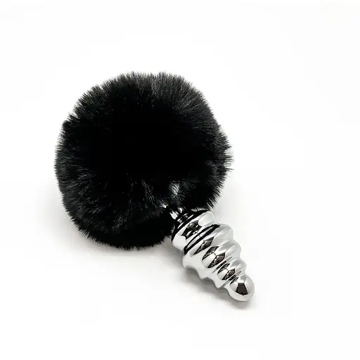 Металева анальна пробка Кролячий хвостик Alive Fluffy Twist Plug M Black діаметр 3.4 см - фото 2