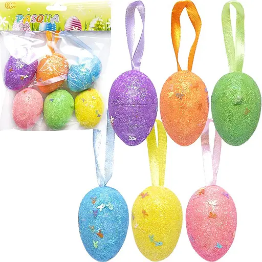 Набір яйця декоративні гліттер з стрічкою, 6 см, 6 шт., HA-408