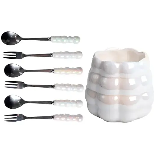 Набор десертных вилок и ложек Yiwu на фарфоровой перламутровой подставке HP-20-62