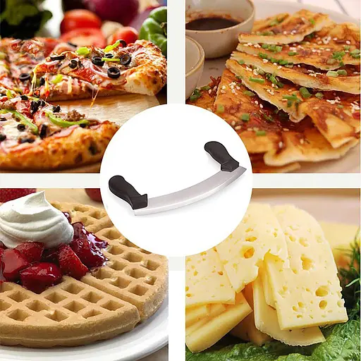 Нож Меццалуна для нарезки сыра, зелени, чеснока, пиццы, мяса с двумя пластиковыми ручками (длина лезвия 25 см), Kitchen Master Черный 86381 - фото 6