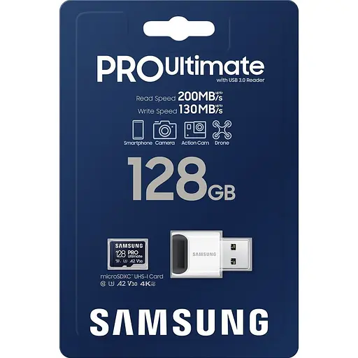 Карта пам'яті Samsung microSDXC PRO Ultimate 128GB Class 10 UHS-I U3 V30 A2 + USB Reader MB-MY128SB/WW [145484] - фото 6