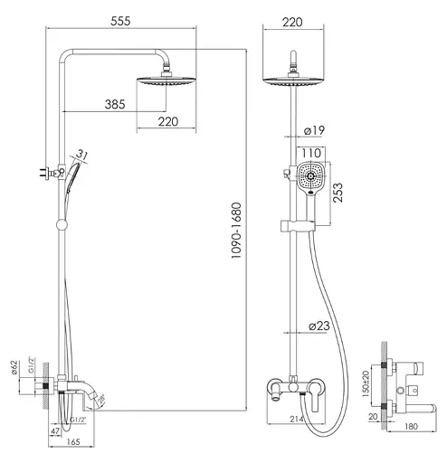 Душова система з виливом Imprese Kucera верхній душ 220x220 мм ABS хром t030B03401SR, Хром - фото 2