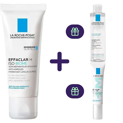 Заспокійливий відновлювальний зволожувальний крем La Roche-Posay Effaclar H Iso-Biome для зневодненої чутливої шкіри схильної до недоліків 40 мл + набір догляду за обличчям - фото 1