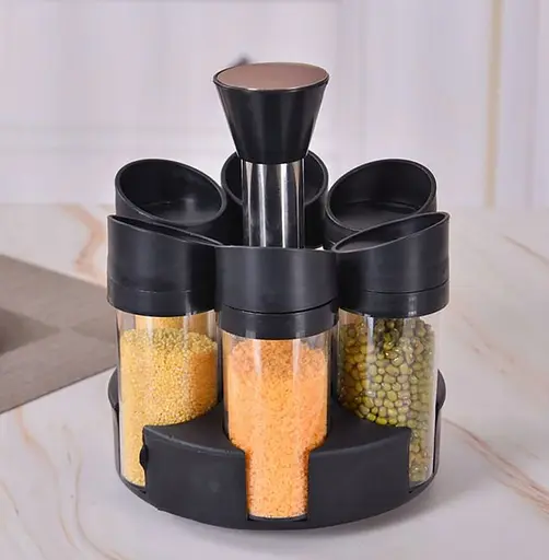 Набор из 6 стеклянных баночек для специй и приправ на вращающейся подставке 360 градусов, дозатор 3 режима Черный 88204 - фото 10