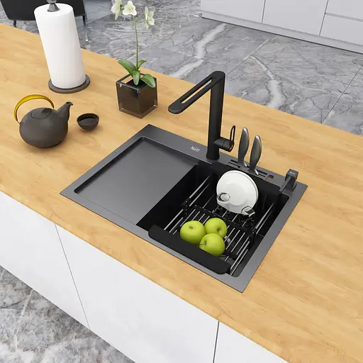 Кухонная мойка черная накладная с левым крылом 1.5 мм Nett NB-6045(L), Черный - фото 4