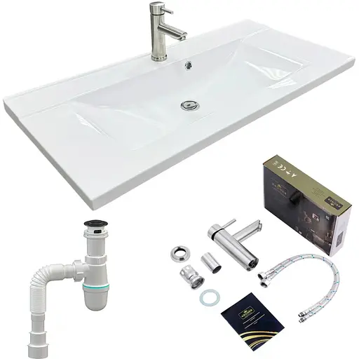 Набір для ванної кімнати Adamant раковина умивальник QUANTO 100 штучний камінь прямокутна з сифоном Click-Clack + змішувач - фото 1