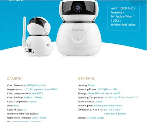 Поворотная камера Sannce Wi-Fi IP HD 1080P Escam Wanscam Оригинал - фото 4