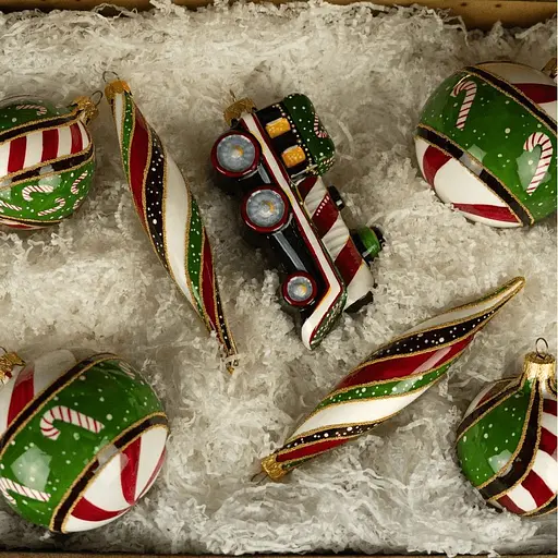 Набір ялинкових прикрас Різдвяні історії Солодкий експрес в дерев'яній коробці скло (4820001128277) - фото 2