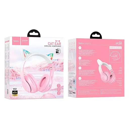 Беспроводные Bluetooth наушники Hoco Cat ears W42 с ушками и подсветкой розовый - фото 8