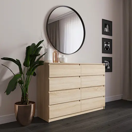 Комод Vays R-8 Дуб Сонома, 8 шухляд без ручок, ЛДСП, 140×40×98 см - для спальні, вітальні, передпокою