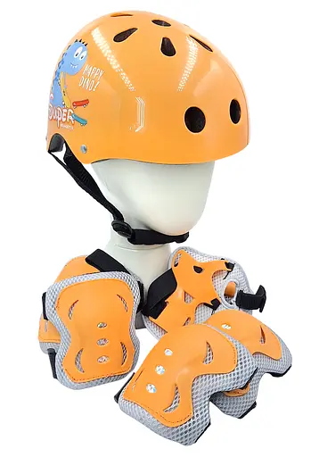 Комплект детского шлема и защиты Yongkang GB24429-2009 S (5–9 лет) оранжевый динозавр (G0001138) - фото 1