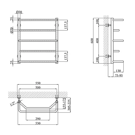 Полотенцесушитель водяной Kroner Микс ДМ03 600x530/5 CV014729, Хром, нижнее - фото 2
