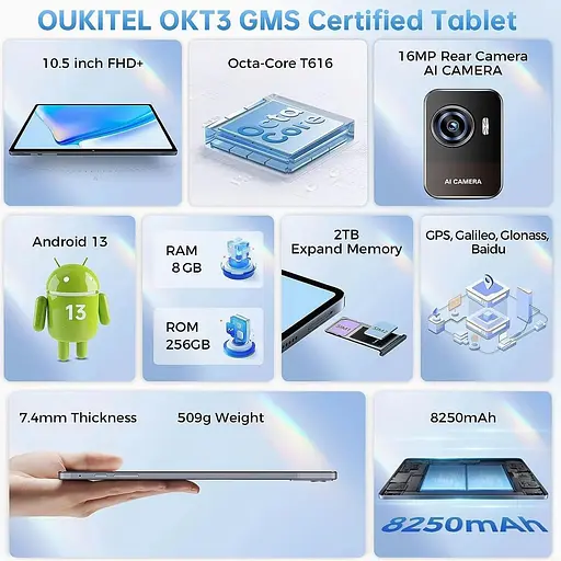 Планшет Oukitel OKT3 10.51" FHD /8GB/256GB/ T616 / 8250mAh / 16+8Мп / Dual SIM / LTE Grey - фото 8
