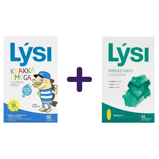 Набір: омега-3 для дітей Lysi з вітаміном D3 жувальні капсули з фруктовим смаком №60 + омега-3 Lysi Forte капсули 1000 мг №64