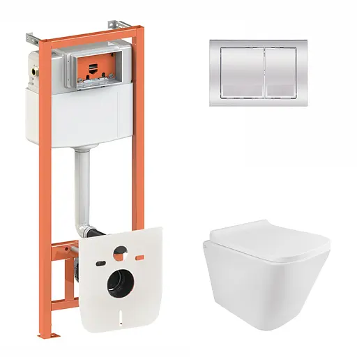 Набор: Qtap инсталляция 3 в 1 Nest QT0133M425 с панелью смыва квадратной QT0111M06028CRM + унитаз с сиденьем Tern QT1733052ERW - фото 1