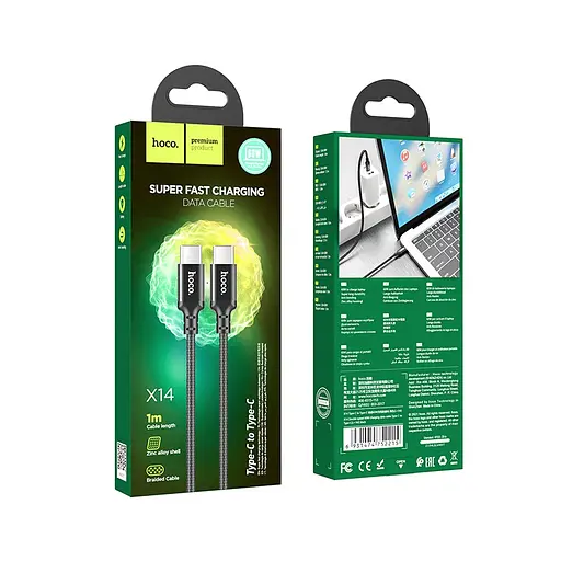 Кабель HOCO X14 Type-C to Type-C 60W, 1m, nylon, aluminum connectors, Black - фото 2