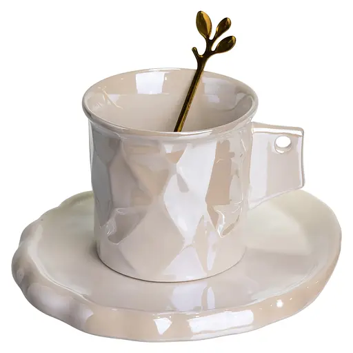 Чашка для кави порцелянова 200 мл з блюдцем і ложкою в дзеркальній глазурі білий FM-2B - фото 3