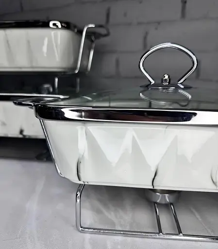 Набор из 3-х мармитов керамических прямоугольных Kitchen с крышками из стекла Бело Серебристый - фото 3