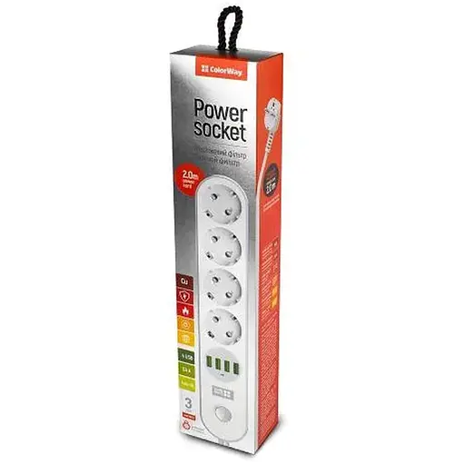 Фильтр сетевой ColorWay, 4 розетки, 2 м, White, 4xUSB (3.4A), проволока из меди (до 2500 Вт), 10A, защитные шторки (CW-CHE44W)