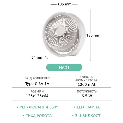 Вентилятор настольный беспроводной GXQC N601 белый - фото 10