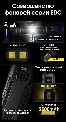 Надпотужний міні ліхтар Nitecore EDC29 USB-C OLED дисплей 6500лм 400м (7 режимів) - фото 7