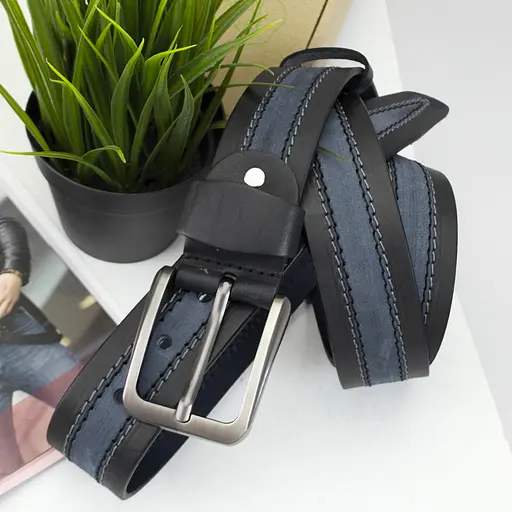 Ремень мужской кожаный SF-405 (125 см) под джинсы синий - фото 4